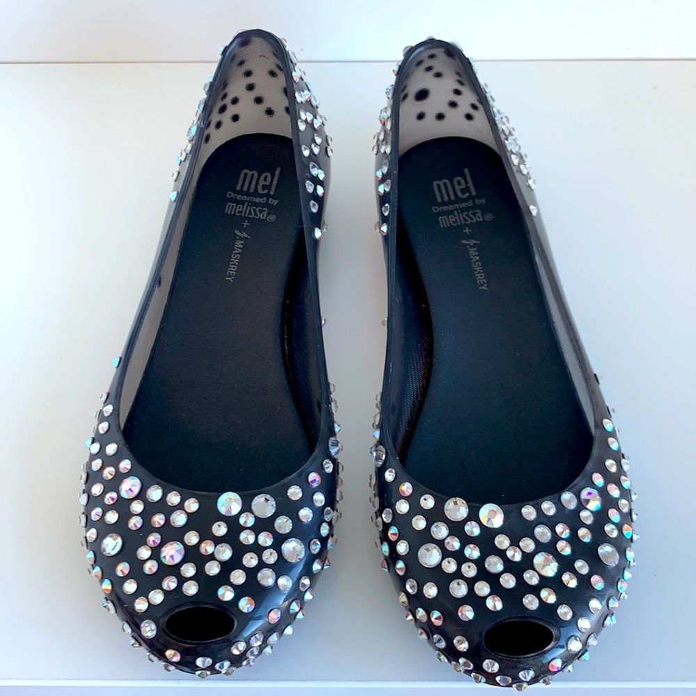 Swarovski Crystals J Maskrey x Mini Melissa EUC
“Night Sky Edition”Black EUC